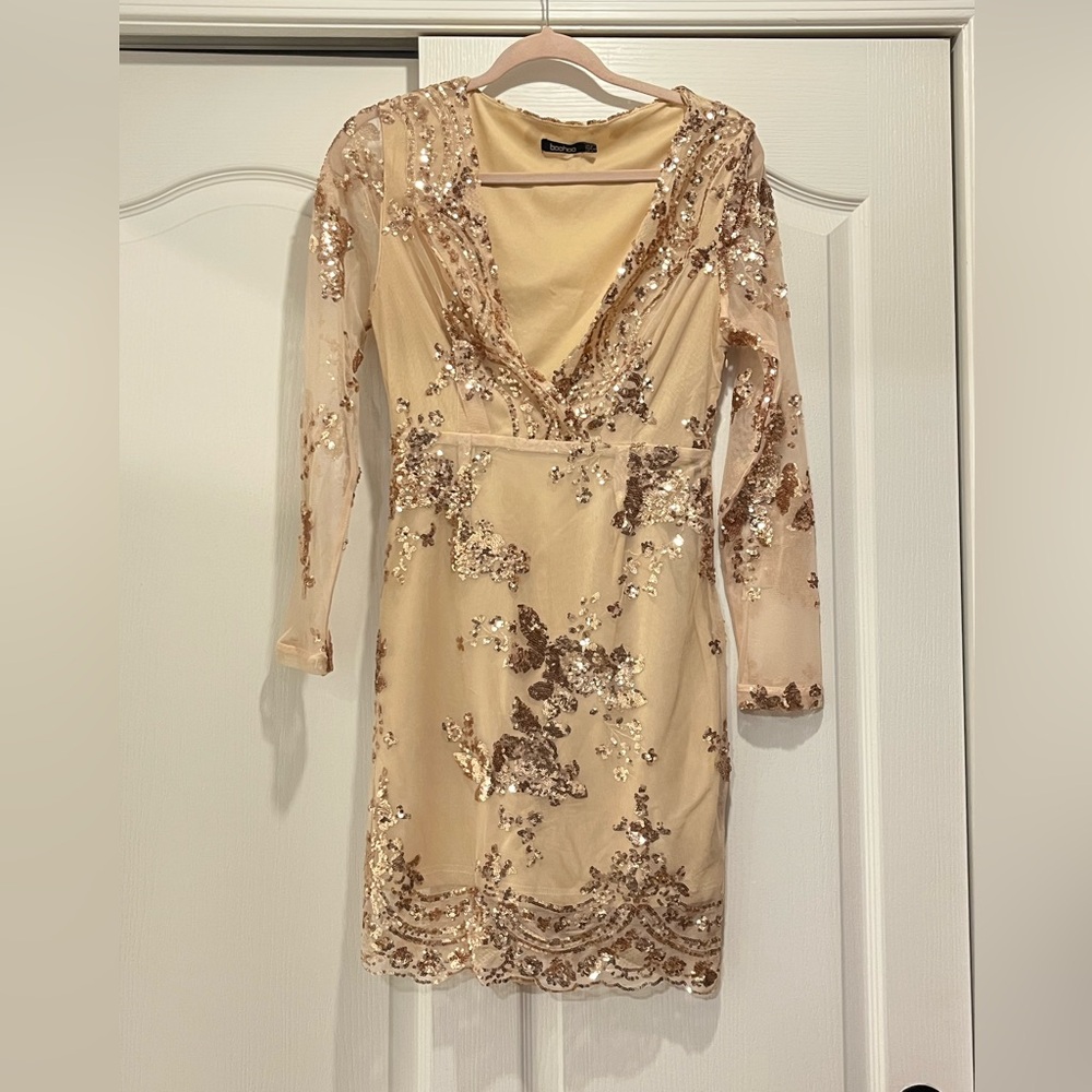 BOOHOO NUDE SEQUIN MESH DRESS
